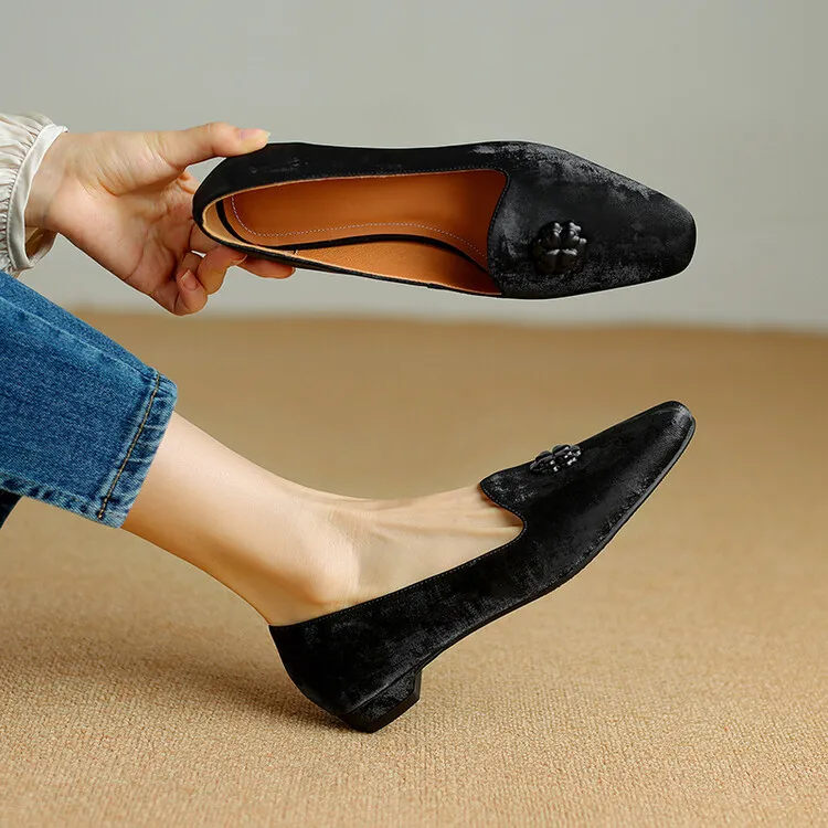 New Chinese style silk cowhide flower loafers, spring fashion square toe shallow mouth single shoes 3-29a