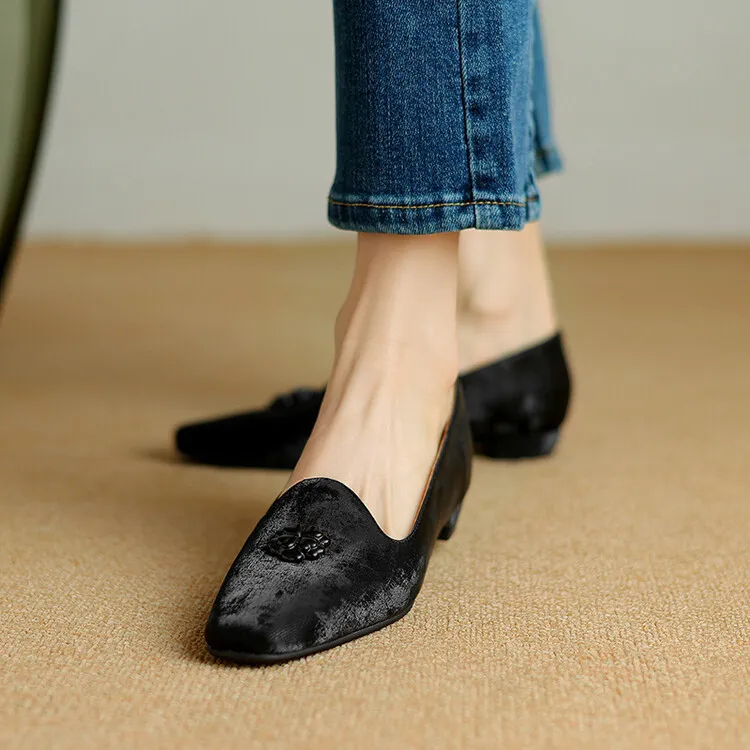 New Chinese style silk cowhide flower loafers, spring fashion square toe shallow mouth single shoes 3-29a
