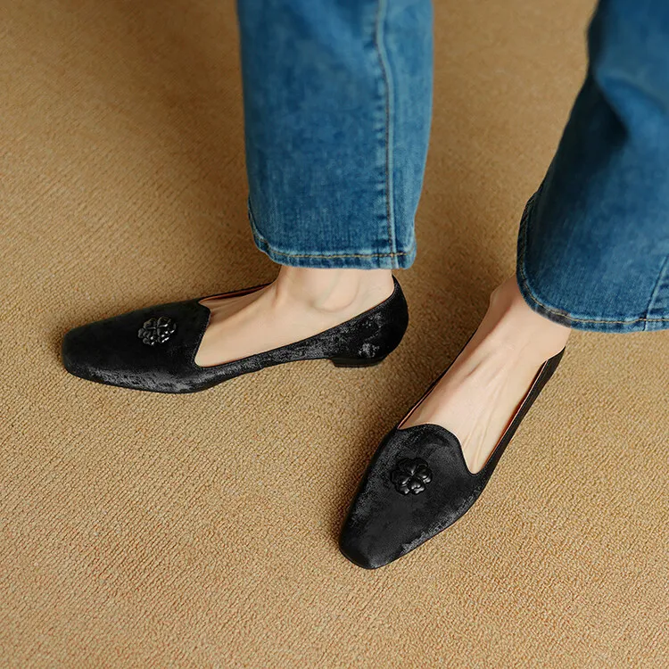 New Chinese style silk cowhide flower loafers, spring fashion square toe shallow mouth single shoes 3-29a