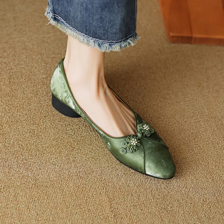 Women's Chinese style silk sheepskin cheongsam shoes, round toe, chunky heel, slip-on, low-cut, single shoes, 3-29e