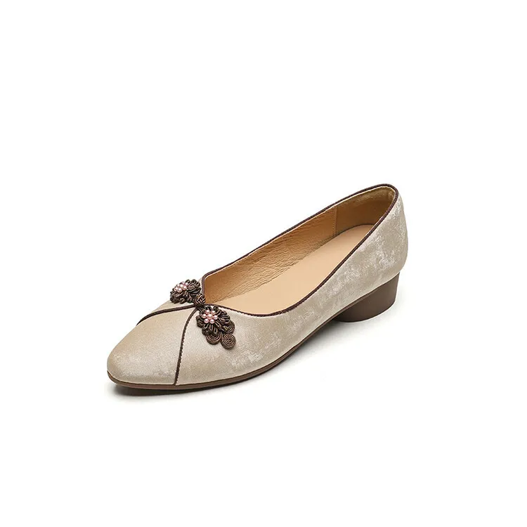 Women's Chinese style silk sheepskin cheongsam shoes, round toe, chunky heel, slip-on, low-cut, single shoes, 3-29e