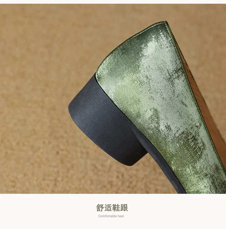Women's Chinese style silk sheepskin cheongsam shoes, round toe, chunky heel, slip-on, low-cut, single shoes, 3-29e