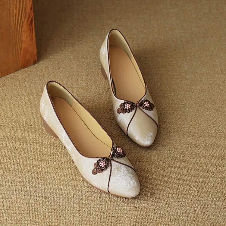 Women's Chinese style silk sheepskin cheongsam shoes, round toe, chunky heel, slip-on, low-cut, single shoes, 3-29e