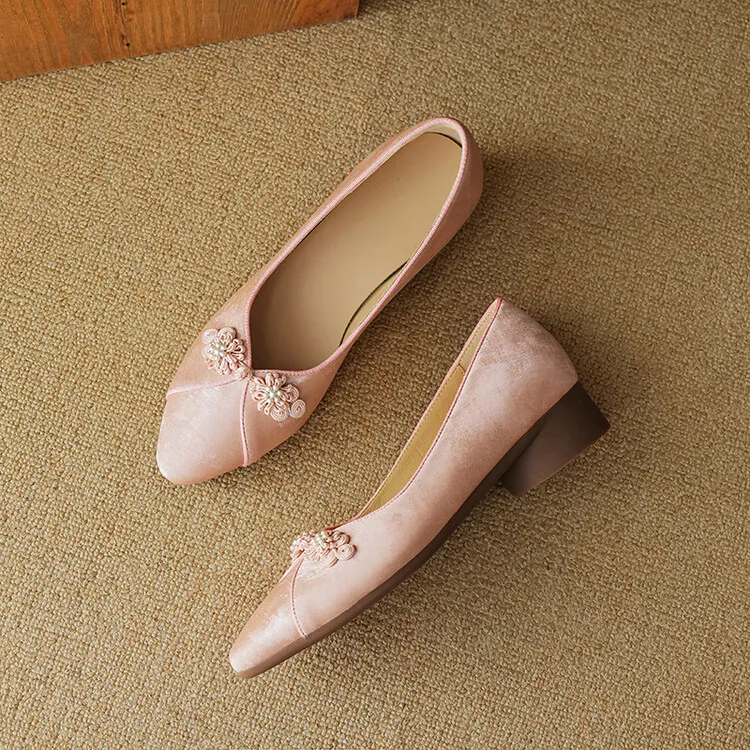 Women's Chinese style silk sheepskin cheongsam shoes, round toe, chunky heel, slip-on, low-cut, single shoes, 3-29e