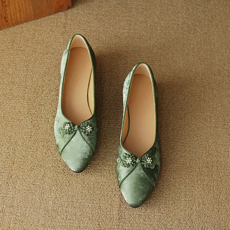 Women's Chinese style silk sheepskin cheongsam shoes, round toe, chunky heel, slip-on, low-cut, single shoes, 3-29e