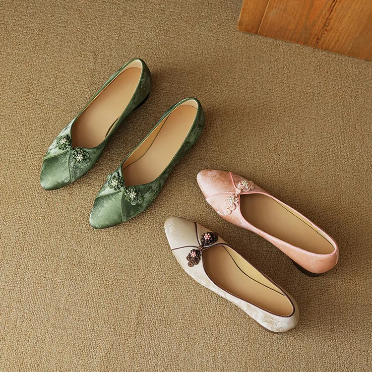 Women's Chinese style silk sheepskin cheongsam shoes, round toe, chunky heel, slip-on, low-cut, single shoes, 3-29e