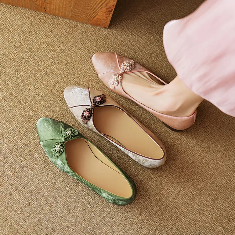 Women's Chinese style silk sheepskin cheongsam shoes, round toe, chunky heel, slip-on, low-cut, single shoes, 3-29e