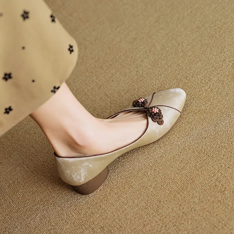 Women's Chinese style silk sheepskin cheongsam shoes, round toe, chunky heel, slip-on, low-cut, single shoes, 3-29e