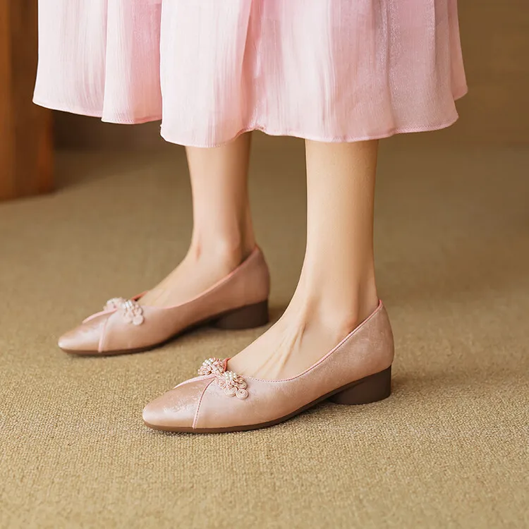 Women's Chinese style silk sheepskin cheongsam shoes, round toe, chunky heel, slip-on, low-cut, single shoes, 3-29e