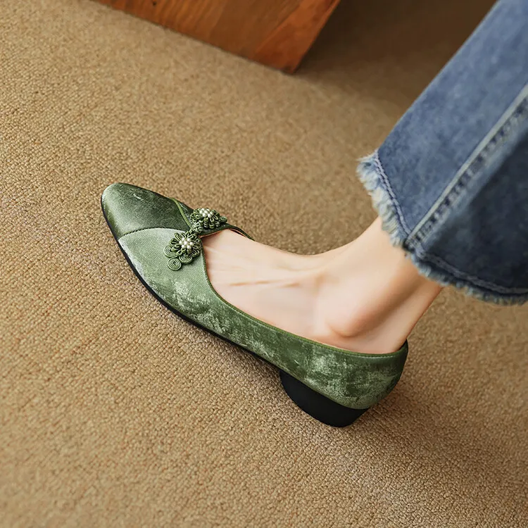 Women's Chinese style silk sheepskin cheongsam shoes, round toe, chunky heel, slip-on, low-cut, single shoes, 3-29e