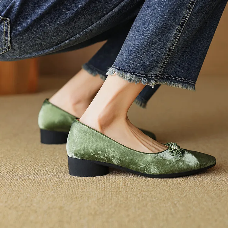 Women's Chinese style silk sheepskin cheongsam shoes, round toe, chunky heel, slip-on, low-cut, single shoes, 3-29e