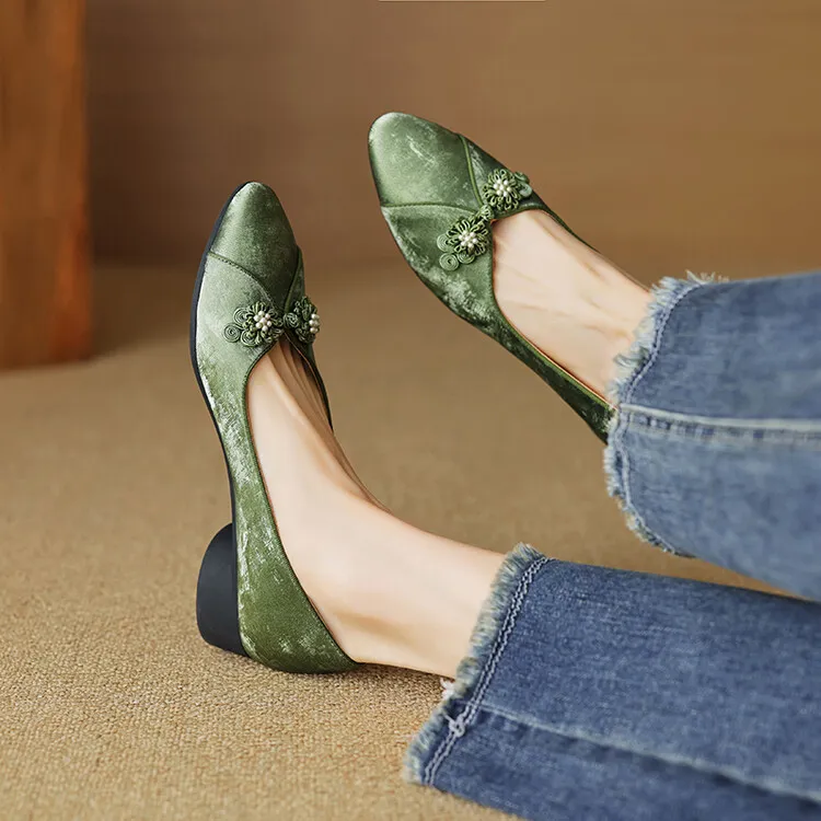 Women's Chinese style silk sheepskin cheongsam shoes, round toe, chunky heel, slip-on, low-cut, single shoes, 3-29e