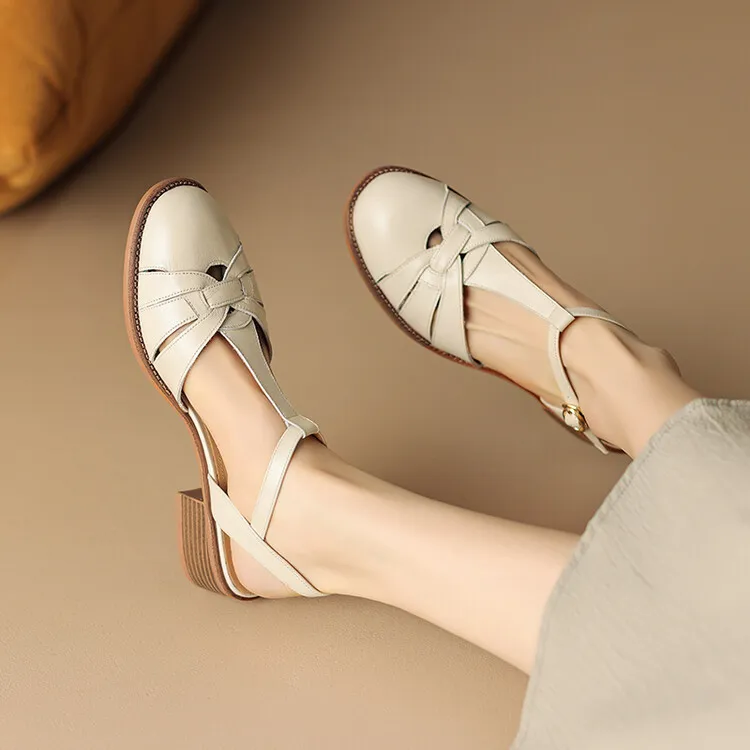 Summer chunky mid-heel round toe all-leather closed-toe women's sandals with hollowed-out breathable leather and a high-quality feel.