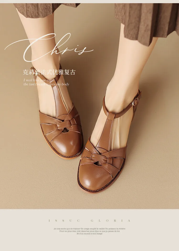 Summer chunky mid-heel round toe all-leather closed-toe women's sandals with hollowed-out breathable leather and a high-quality feel.