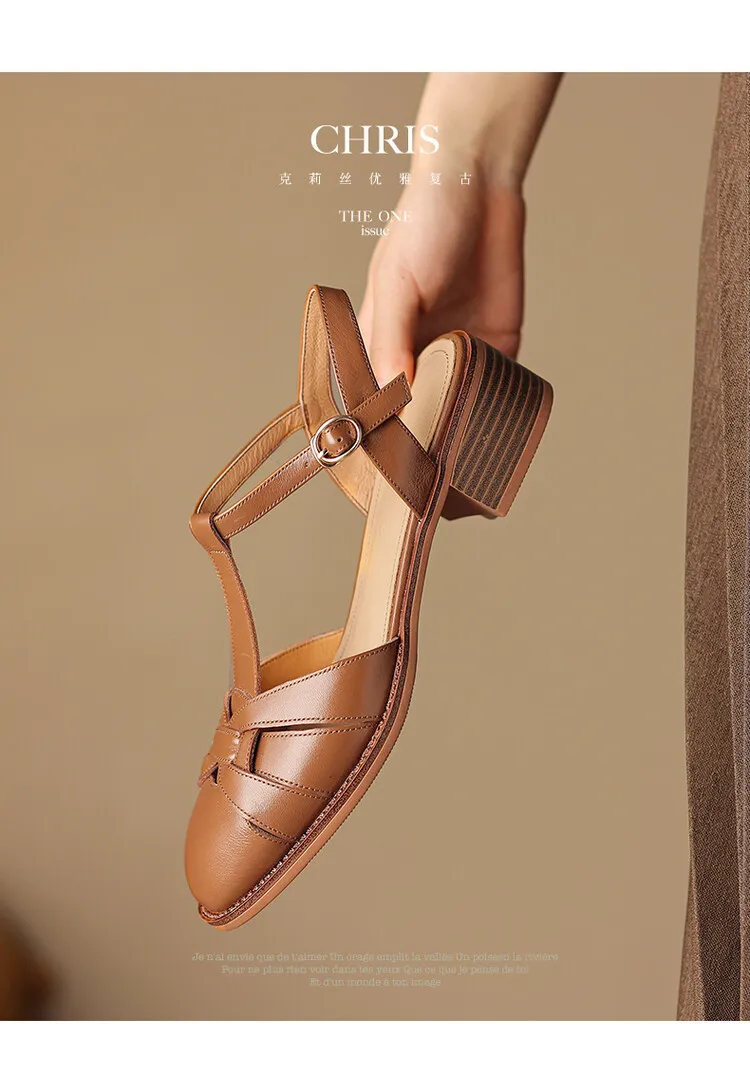 Summer chunky mid-heel round toe all-leather closed-toe women's sandals with hollowed-out breathable leather and a high-quality feel.