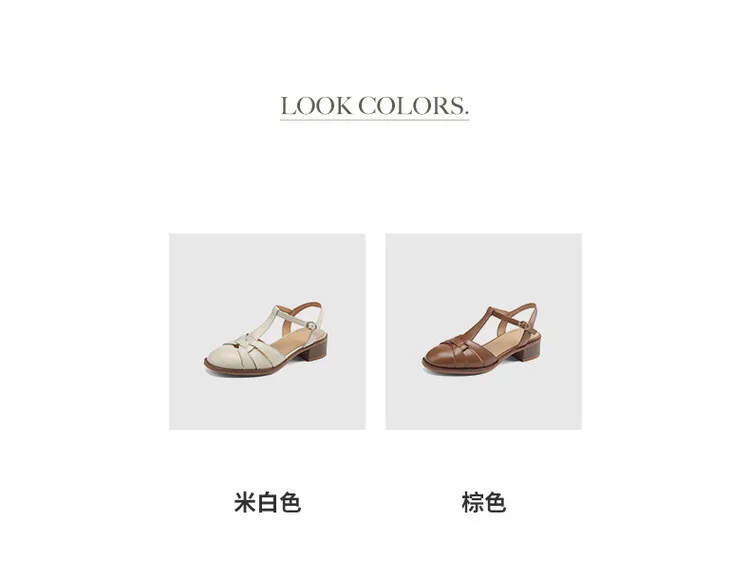 Summer chunky mid-heel round toe all-leather closed-toe women's sandals with hollowed-out breathable leather and a high-quality feel.
