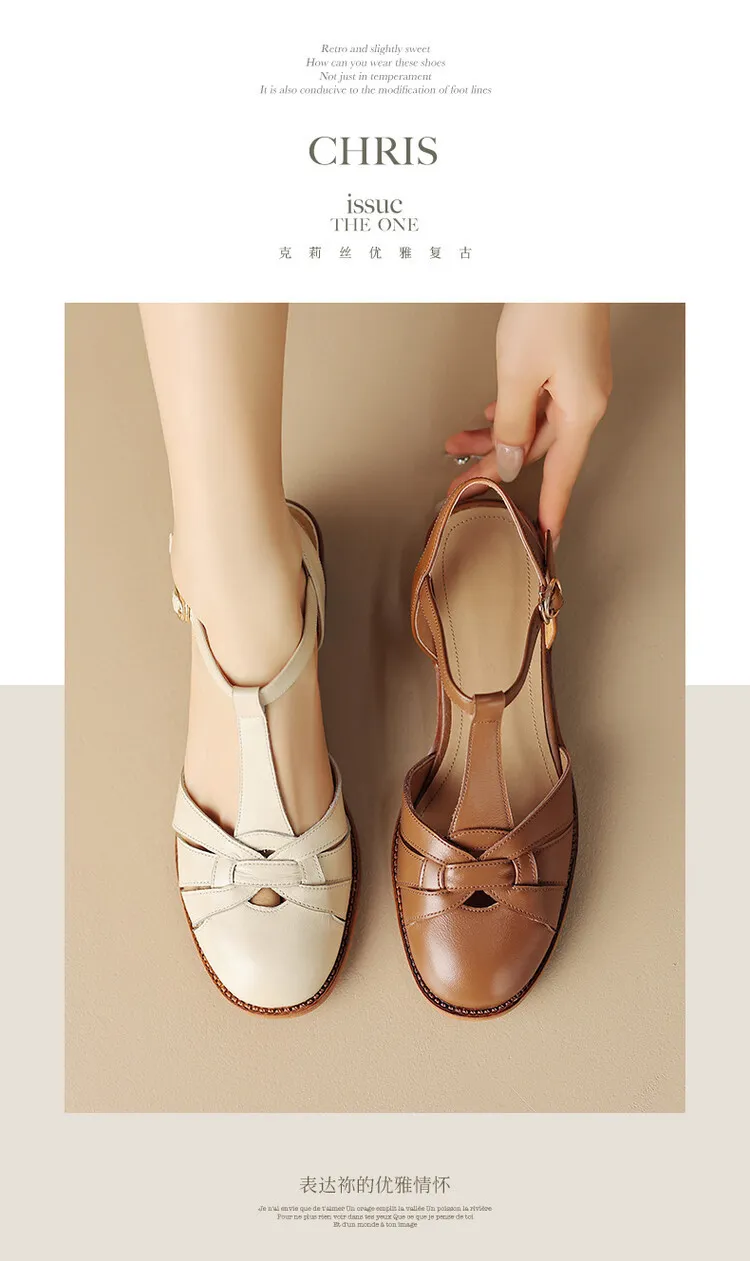 Summer chunky mid-heel round toe all-leather closed-toe women's sandals with hollowed-out breathable leather and a high-quality feel.
