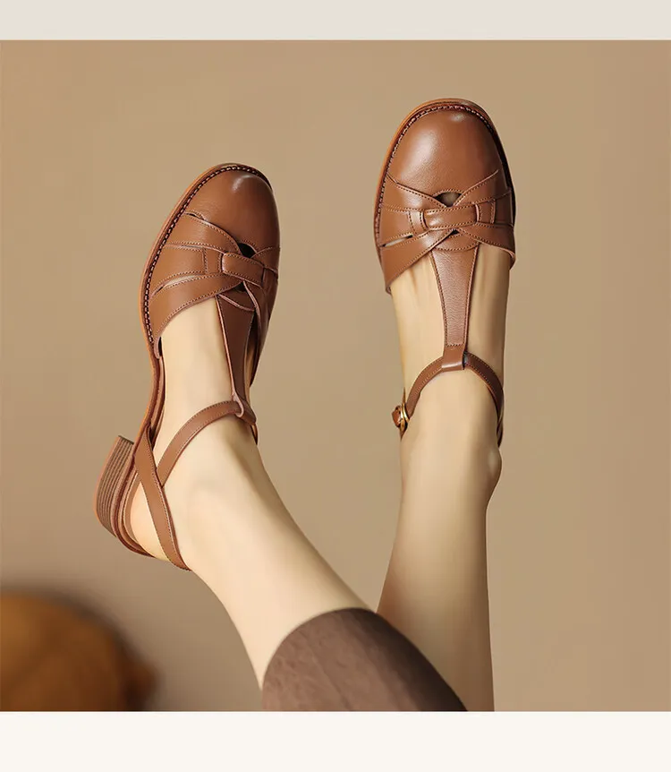 Summer chunky mid-heel round toe all-leather closed-toe women's sandals with hollowed-out breathable leather and a high-quality feel.