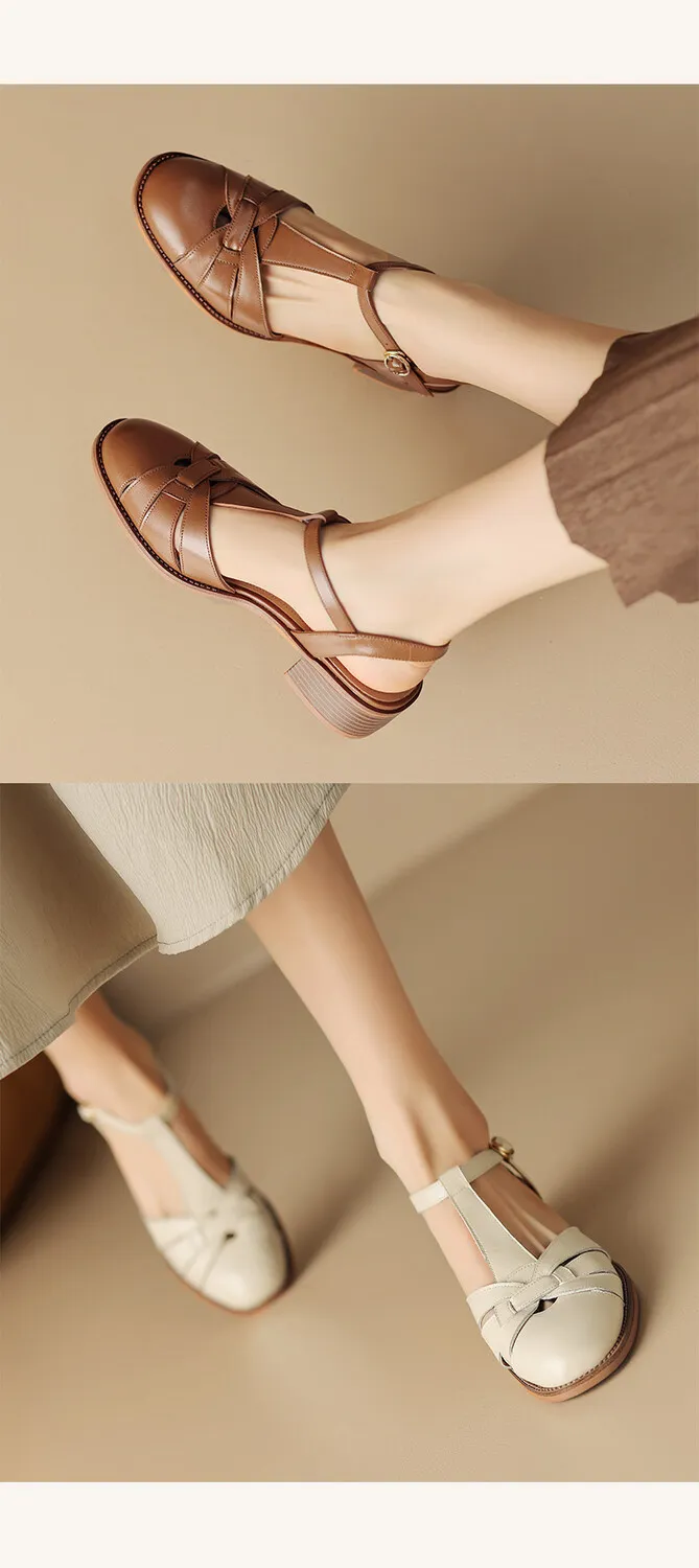 Summer chunky mid-heel round toe all-leather closed-toe women's sandals with hollowed-out breathable leather and a high-quality feel.