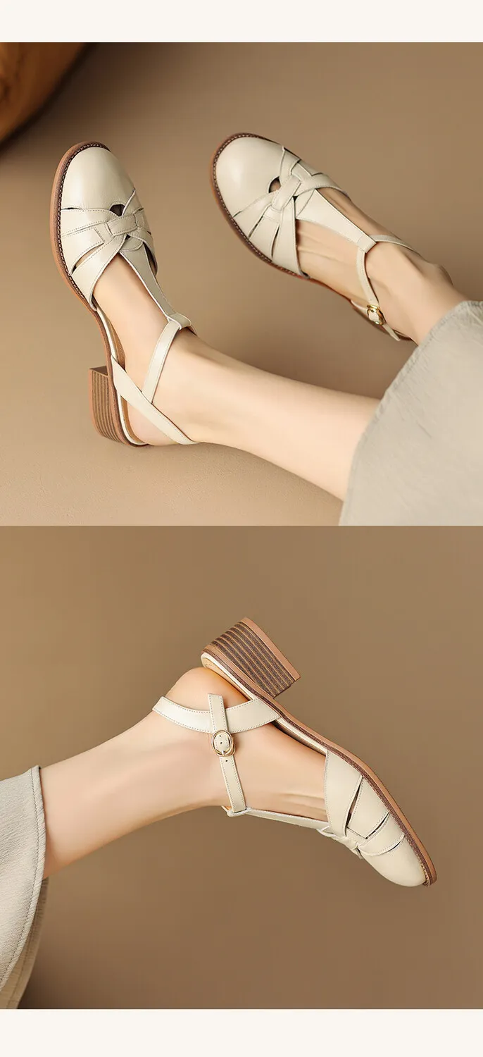 Summer chunky mid-heel round toe all-leather closed-toe women's sandals with hollowed-out breathable leather and a high-quality feel.