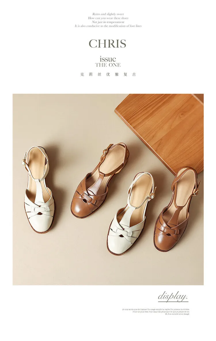 Summer chunky mid-heel round toe all-leather closed-toe women's sandals with hollowed-out breathable leather and a high-quality feel.