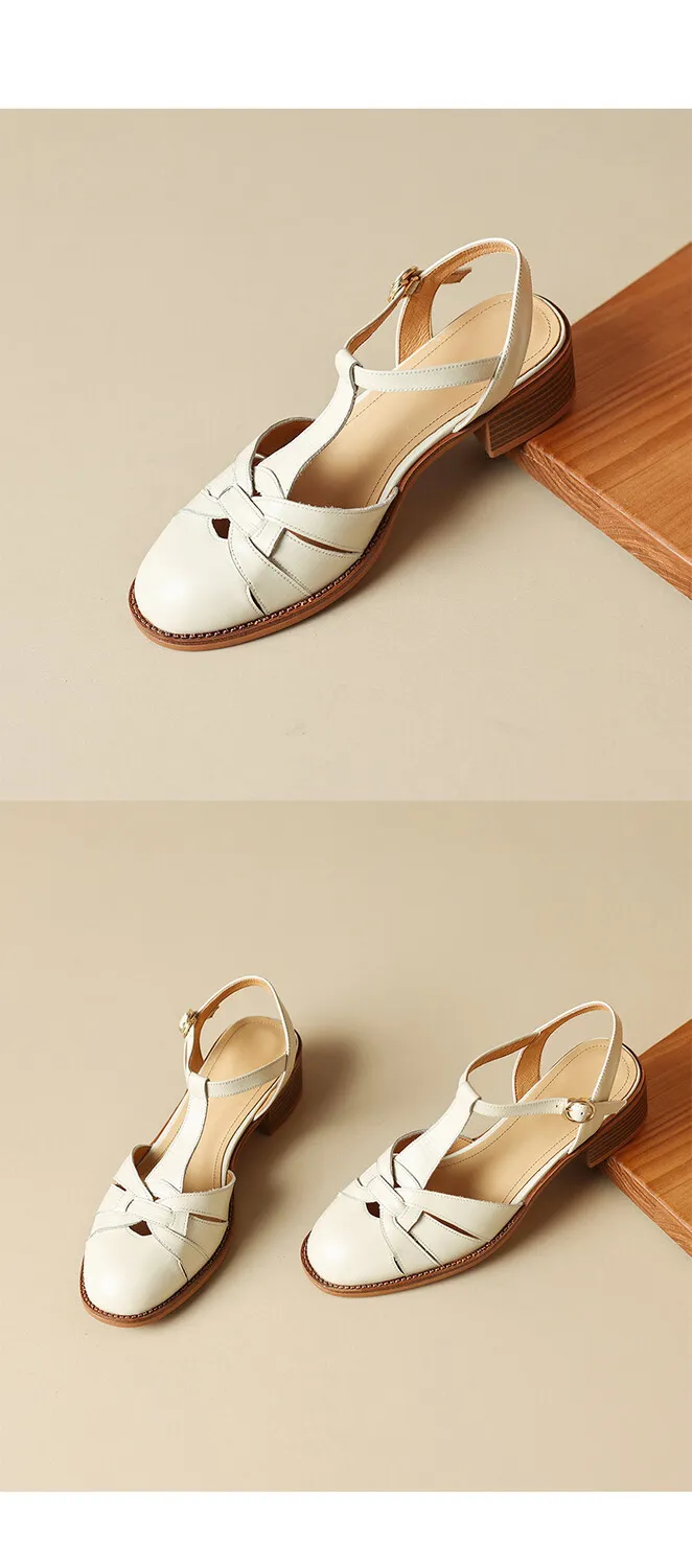 Summer chunky mid-heel round toe all-leather closed-toe women's sandals with hollowed-out breathable leather and a high-quality feel.