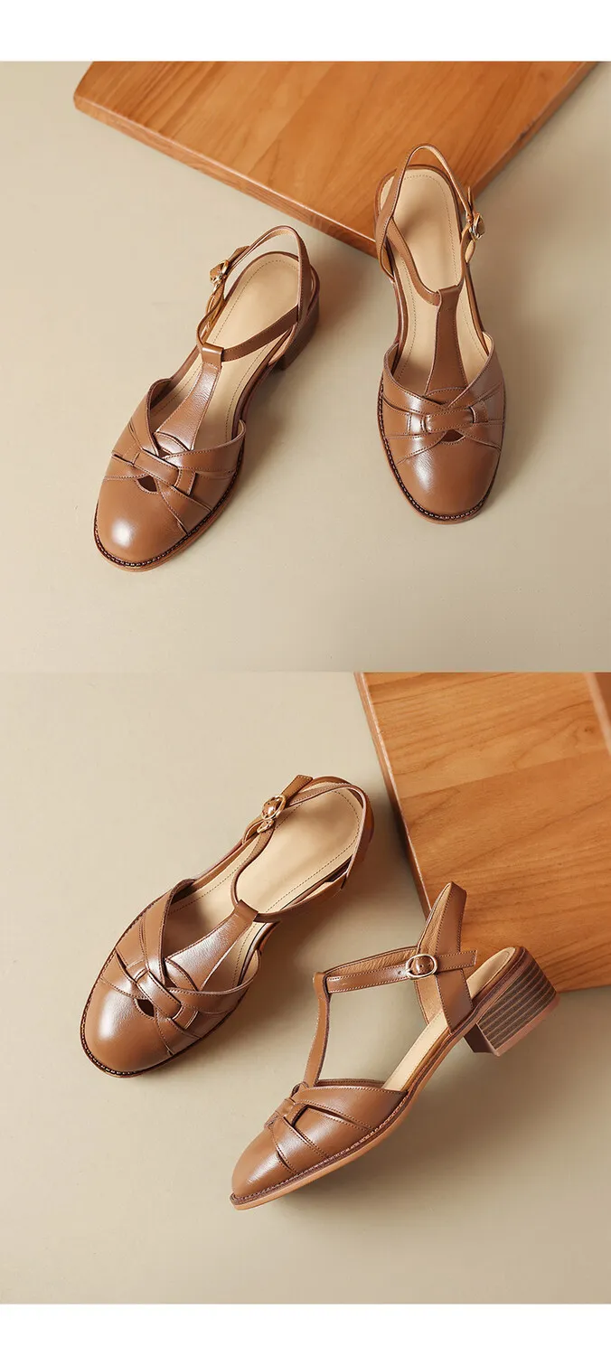 Summer chunky mid-heel round toe all-leather closed-toe women's sandals with hollowed-out breathable leather and a high-quality feel.