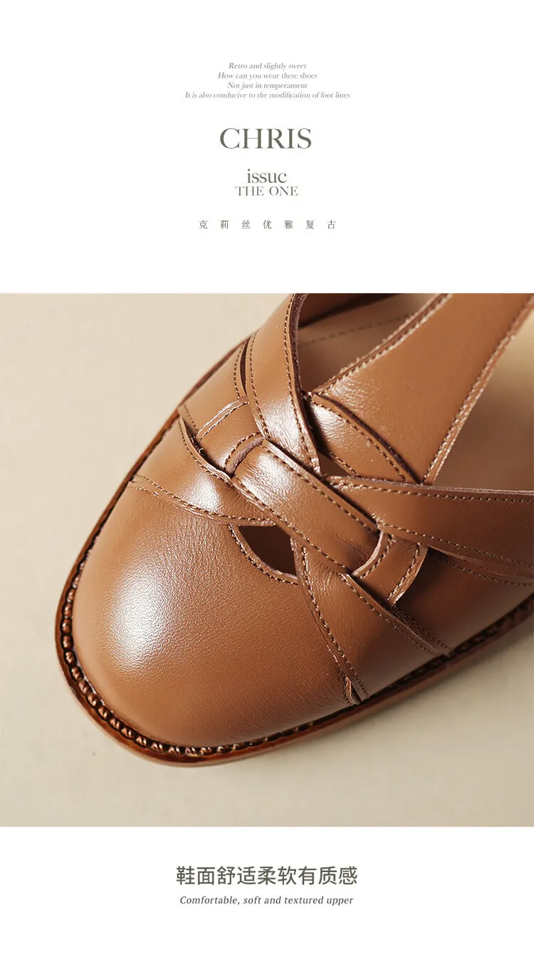 Summer chunky mid-heel round toe all-leather closed-toe women's sandals with hollowed-out breathable leather and a high-quality feel.