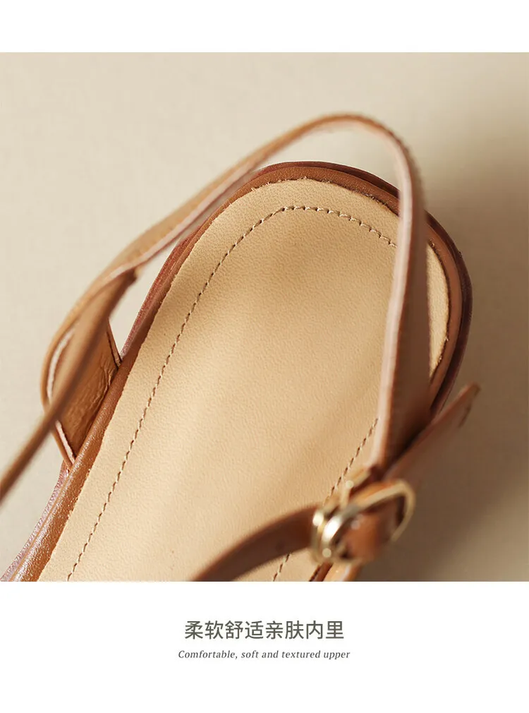 Summer chunky mid-heel round toe all-leather closed-toe women's sandals with hollowed-out breathable leather and a high-quality feel.