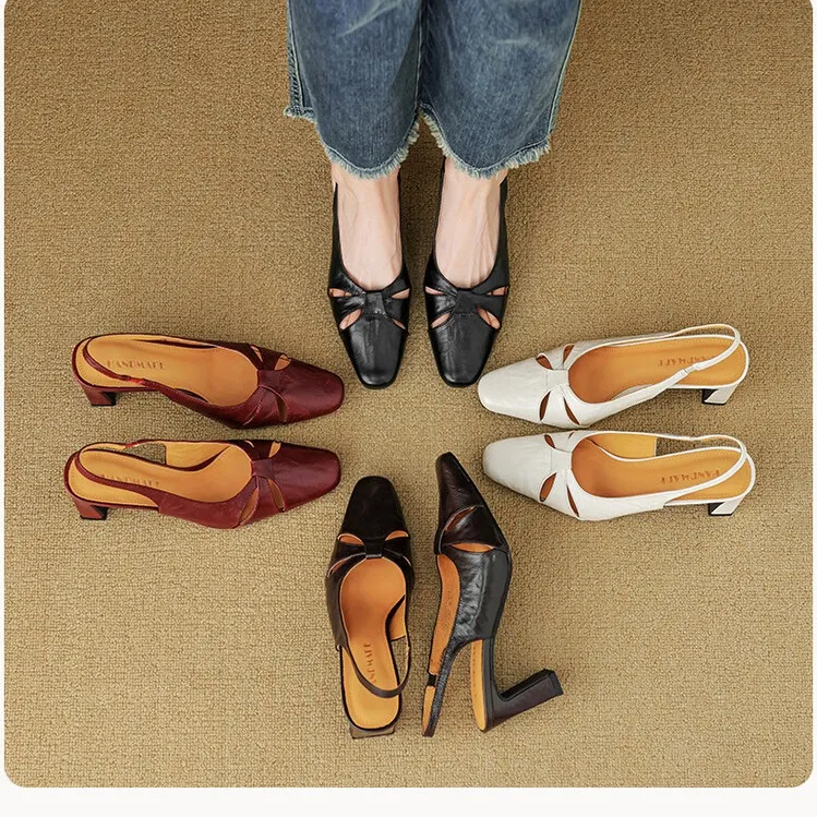 French-style openwork closed-toe sandals for women, spring style, sheepskin, chunky heel, back strap, high-heeled single shoes, square toe, 3-29n