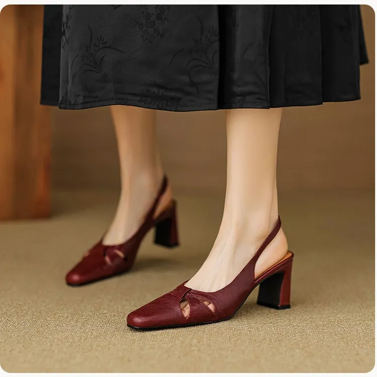 French-style openwork closed-toe sandals for women, spring style, sheepskin, chunky heel, back strap, high-heeled single shoes, square toe, 3-29n