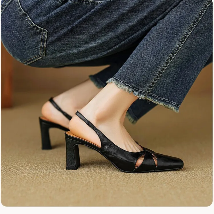 French-style openwork closed-toe sandals for women, spring style, sheepskin, chunky heel, back strap, high-heeled single shoes, square toe, 3-29n