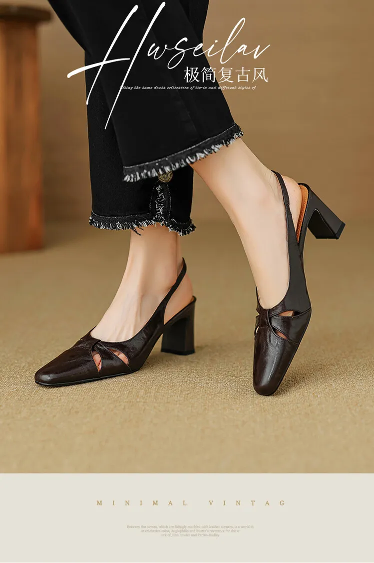 French-style openwork closed-toe sandals for women, spring style, sheepskin, chunky heel, back strap, high-heeled single shoes, square toe, 3-29n