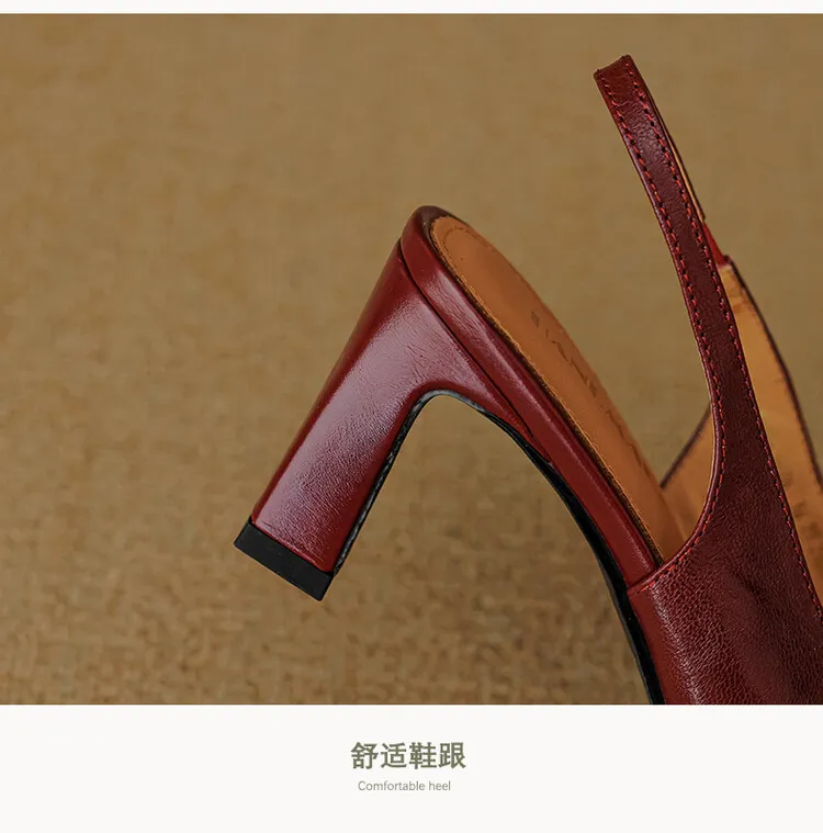 French-style openwork closed-toe sandals for women, spring style, sheepskin, chunky heel, back strap, high-heeled single shoes, square toe, 3-29n