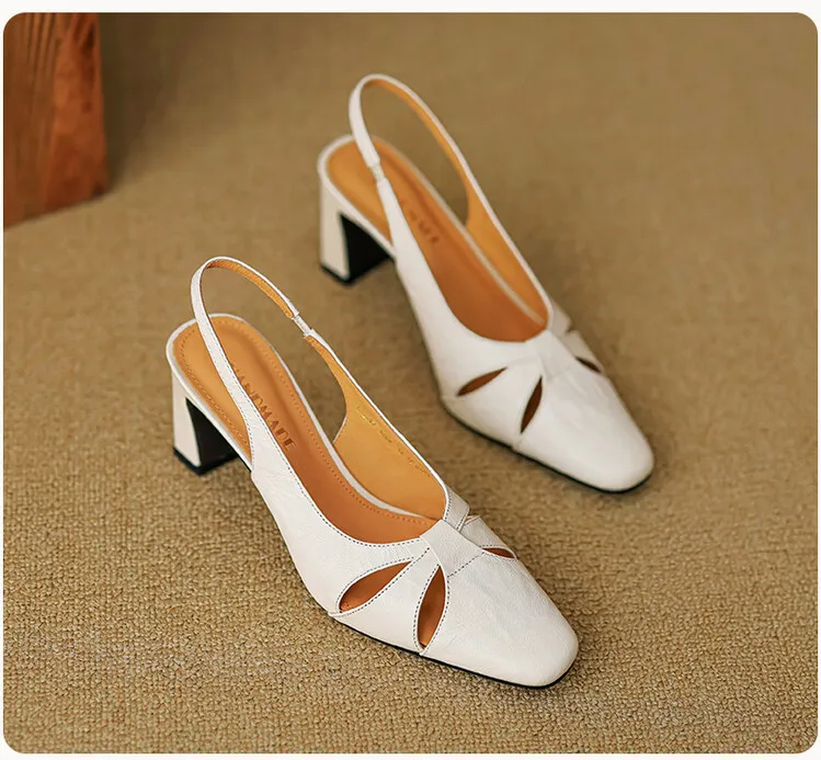 French-style openwork closed-toe sandals for women, spring style, sheepskin, chunky heel, back strap, high-heeled single shoes, square toe, 3-29n