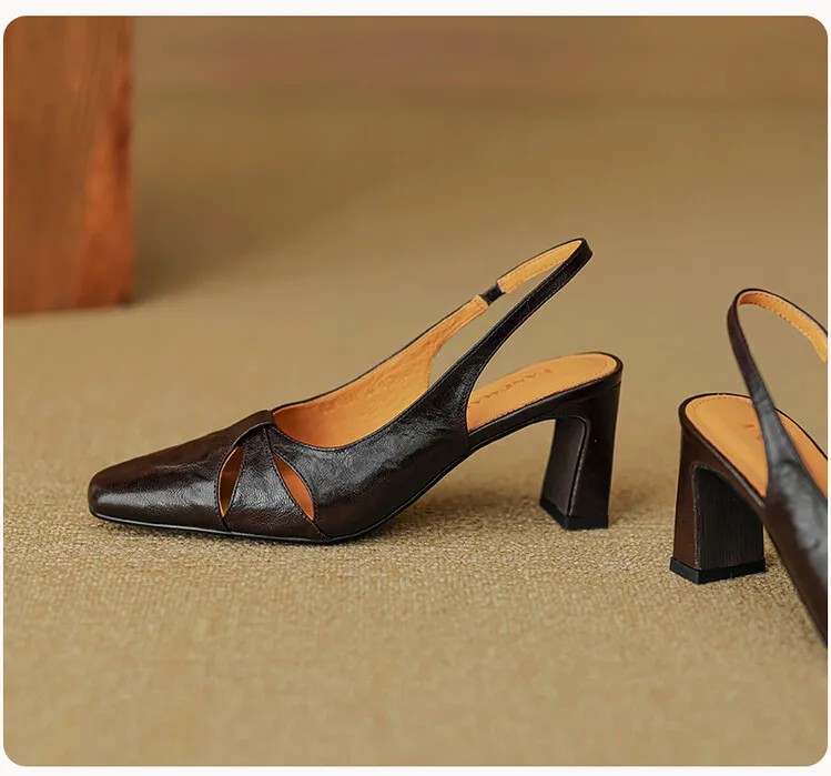 French-style openwork closed-toe sandals for women, spring style, sheepskin, chunky heel, back strap, high-heeled single shoes, square toe, 3-29n