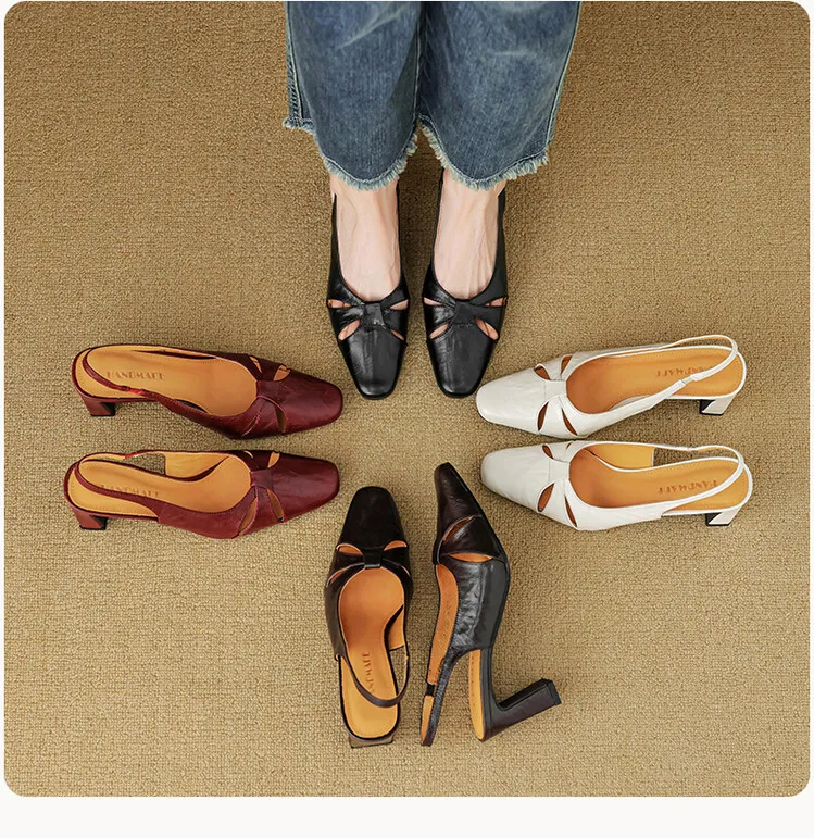French-style openwork closed-toe sandals for women, spring style, sheepskin, chunky heel, back strap, high-heeled single shoes, square toe, 3-29n