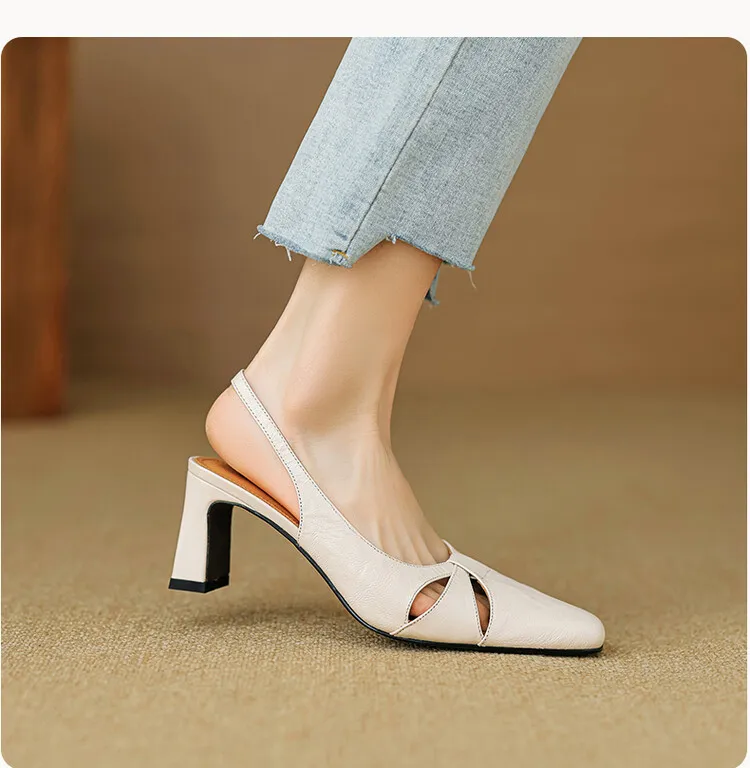 French-style openwork closed-toe sandals for women, spring style, sheepskin, chunky heel, back strap, high-heeled single shoes, square toe, 3-29n