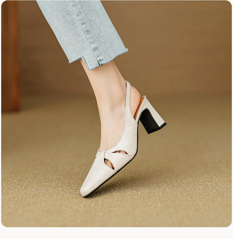 French-style openwork closed-toe sandals for women, spring style, sheepskin, chunky heel, back strap, high-heeled single shoes, square toe, 3-29n