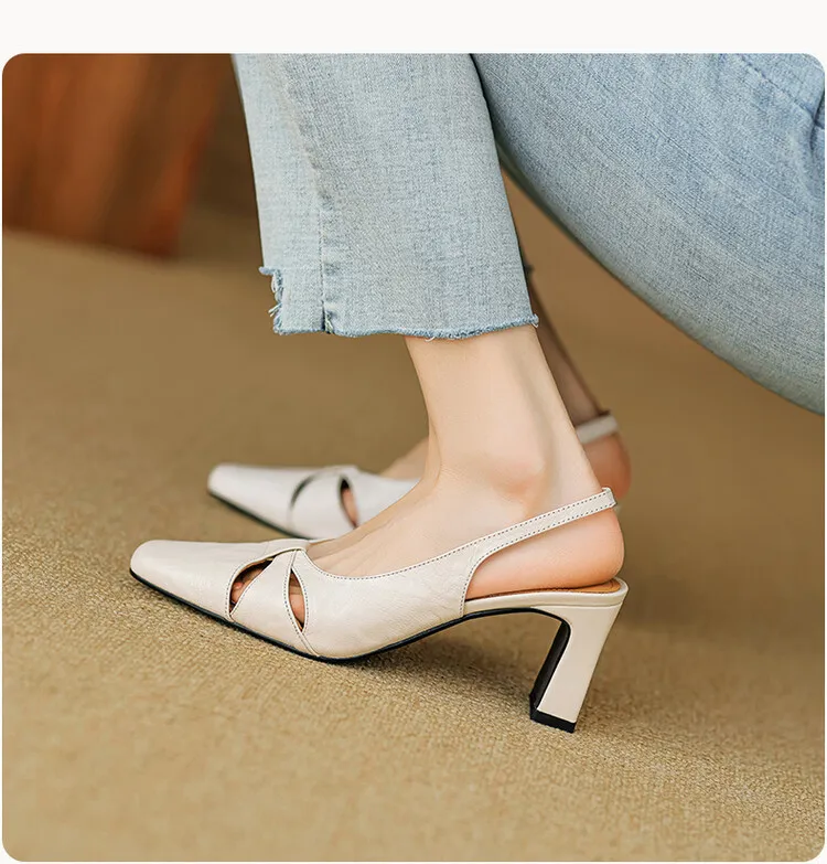 French-style openwork closed-toe sandals for women, spring style, sheepskin, chunky heel, back strap, high-heeled single shoes, square toe, 3-29n