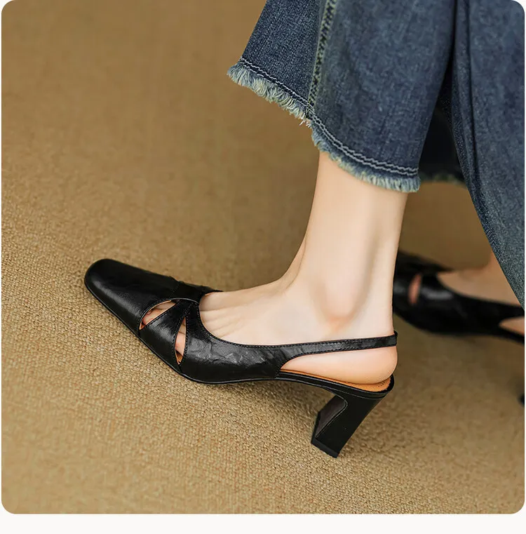 French-style openwork closed-toe sandals for women, spring style, sheepskin, chunky heel, back strap, high-heeled single shoes, square toe, 3-29n