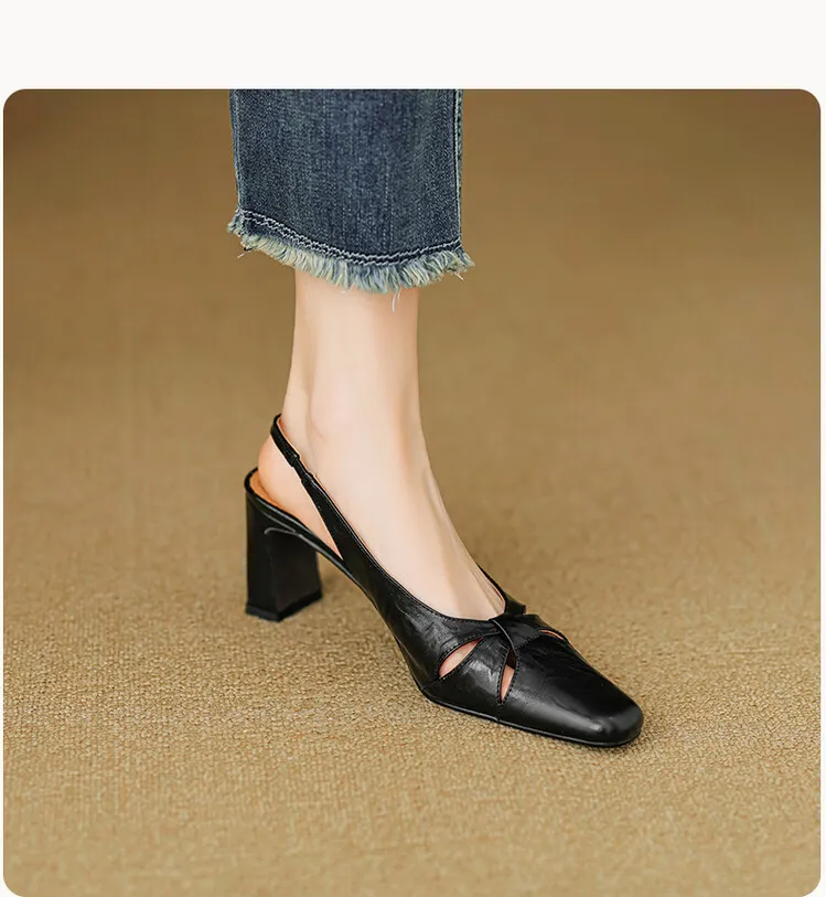French-style openwork closed-toe sandals for women, spring style, sheepskin, chunky heel, back strap, high-heeled single shoes, square toe, 3-29n