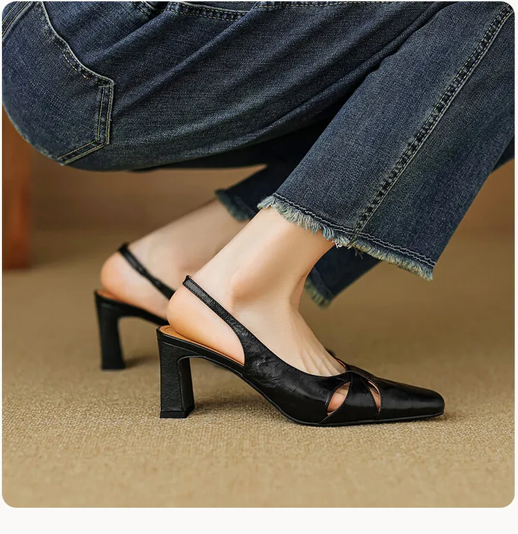French-style openwork closed-toe sandals for women, spring style, sheepskin, chunky heel, back strap, high-heeled single shoes, square toe, 3-29n