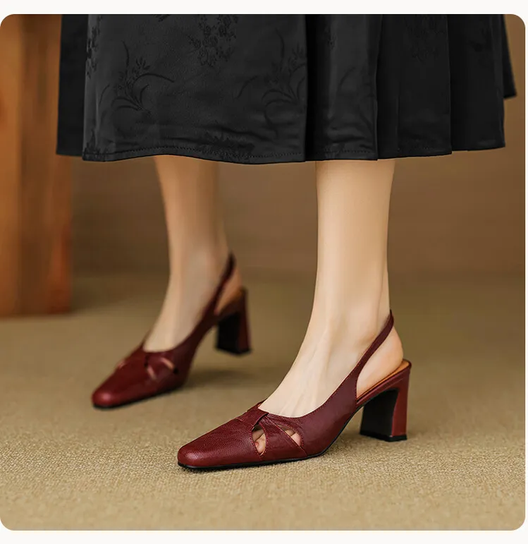 French-style openwork closed-toe sandals for women, spring style, sheepskin, chunky heel, back strap, high-heeled single shoes, square toe, 3-29n