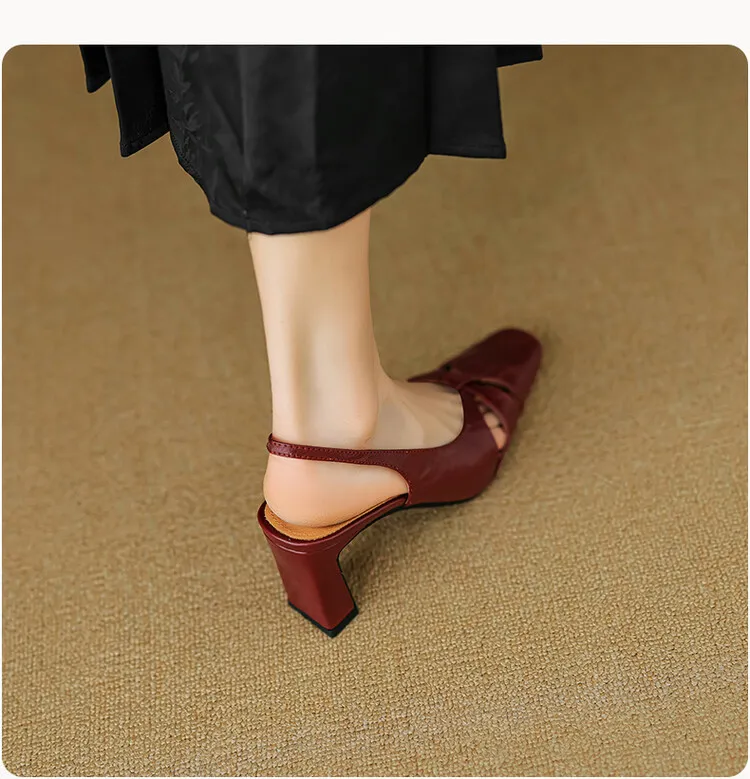 French-style openwork closed-toe sandals for women, spring style, sheepskin, chunky heel, back strap, high-heeled single shoes, square toe, 3-29n