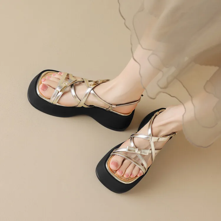Summer platform sandals, square toe, sheepskin, gold and pink open-toe fashion sandals, size 4-7c