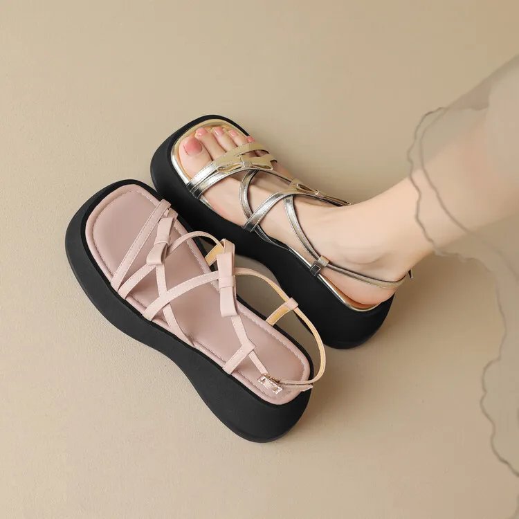 Summer platform sandals, square toe, sheepskin, gold and pink open-toe fashion sandals, size 4-7c