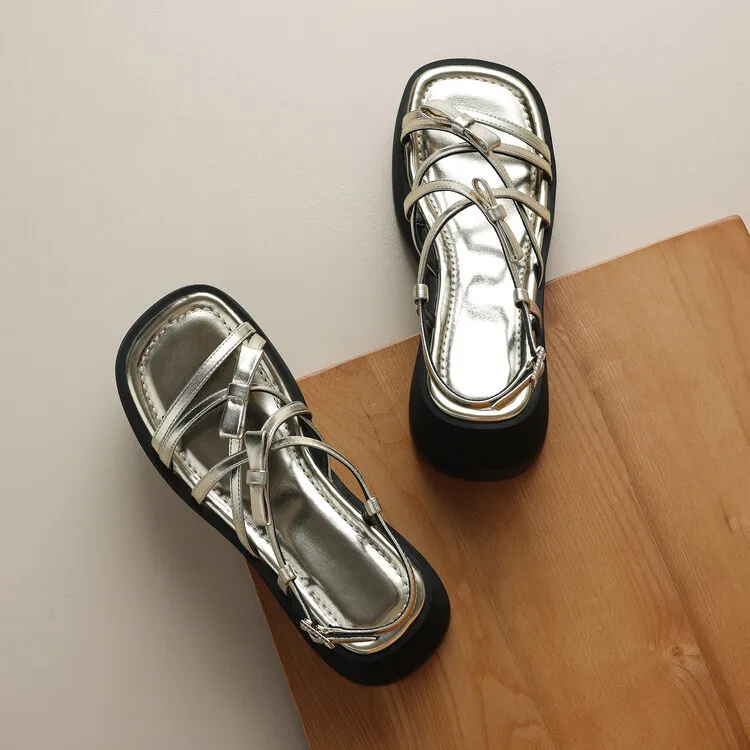 Summer platform sandals, square toe, sheepskin, gold and pink open-toe fashion sandals, size 4-7c