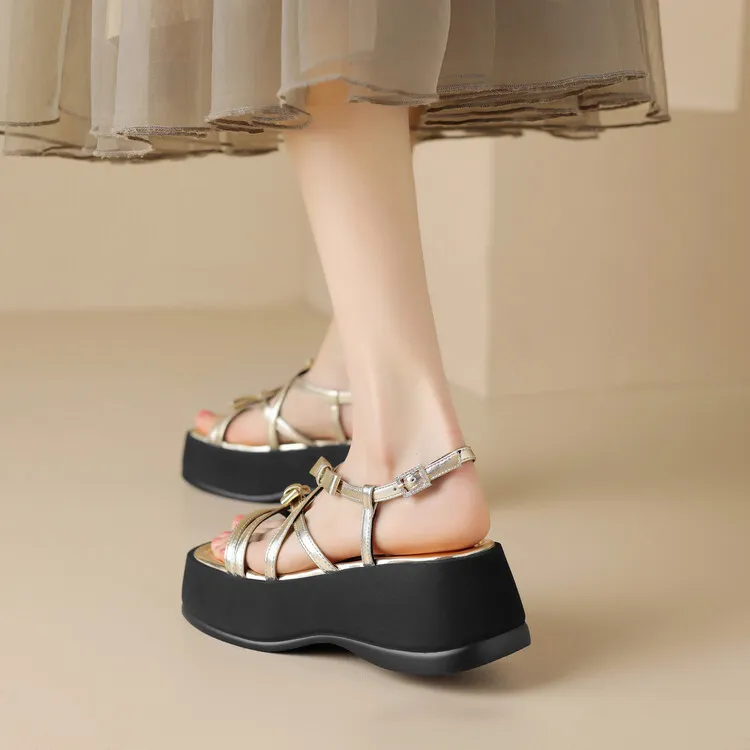 Summer platform sandals, square toe, sheepskin, gold and pink open-toe fashion sandals, size 4-7c
