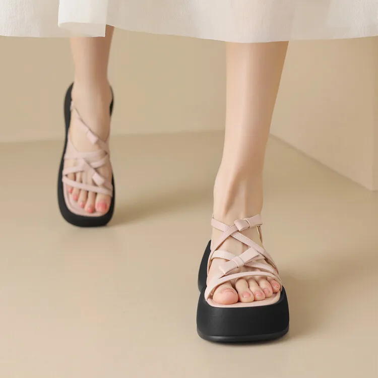 Summer platform sandals, square toe, sheepskin, gold and pink open-toe fashion sandals, size 4-7c